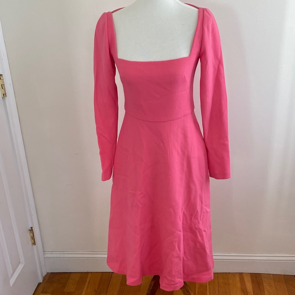 Lela Rose Hot Pink Square-Neck Long Sleeve Midi Dress